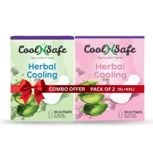 Cool N Safe All-Day Comfort Sanitary XL (280MM) + XXL (320MM) Pads | Pack of 2  | 10-in-1 Medicated Health Technology | Extra-Wide Core with Front-to-Back Coverage | Up to 12 Hours Protection | Herbal Cooling Comfort | Super Soft & Breathable | Rash-Free | 100% Toxic-Free