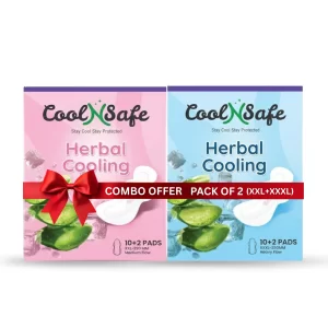 Cool N Safe All-Day Comfort Sanitary Pads XXL (320MM) + XXXL (350MM) | Pack of 2  | 10-in-1 Medicated Health Technology | Extra-Wide Core with Front-to-Back Coverage | Up to 12 Hours Protection | Herbal Cooling Comfort | Super Soft & Breathable | Rash-Free | 100% Toxic-Free